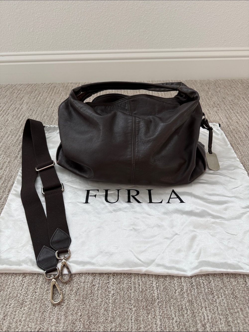 Furla Elisabeth Dark Brown Leather Vintage Shoulder Bag with Detachable Strap